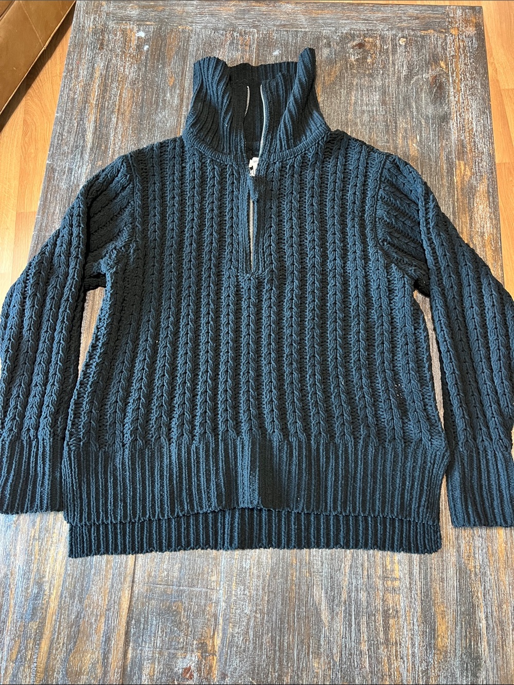 Aerie Oversized Black Cable-Knit Quarter-Zip Pullover Sweater